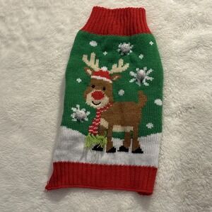 Simply Dog Green Dot Santa Hat Reindeer Sweater Size S - Green/Red
